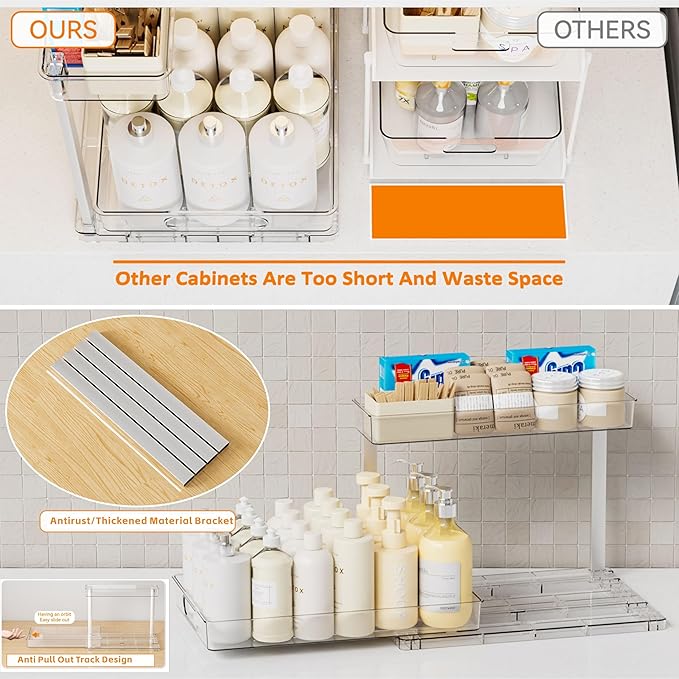 2 Pack 14.6″ Deep Pull Out Under Sink Organizer,10.8″ High 2 Tier Slide Out Cabinet Organizer for Kitchen Cabinet,Undersink Organizers,Under Sink Shelves,Bathroom Organizers and Storage,Clear