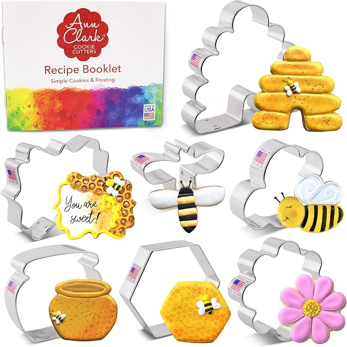 Ann Clark Cookie Cutters Bee Cookie Cutters 7-Pc. Set (Cute Bee, Small Flower, Honey Pot, Beehive, Honeycomb and more) Made in USA