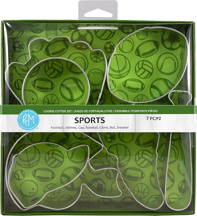 R&M International Sports Cookie Cutters, Baseball Cap, Bat, Glove, Football, Helmet, Sneaker, Circle, 7-Piece Set