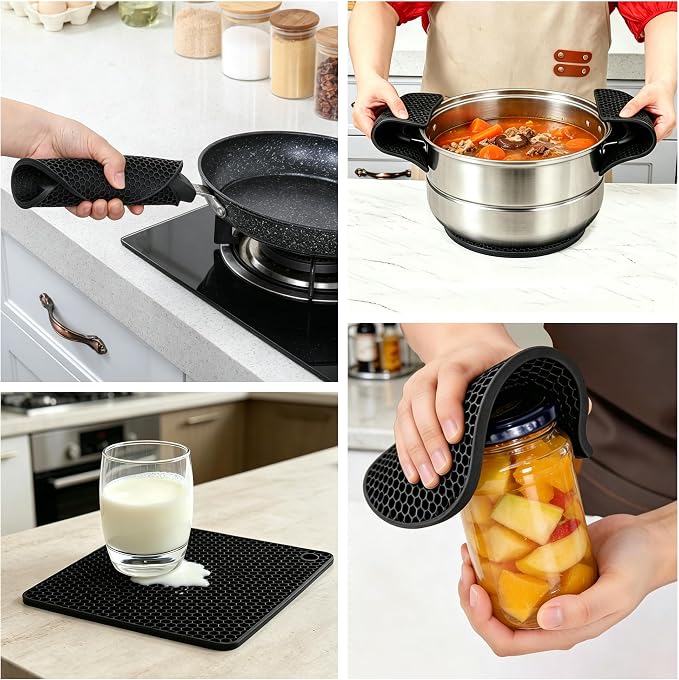 Silicone Trivets for Hot Dishes, Non-Slip Hot Pads for Kitchen Countertop Protector, Heat Resistant Mat for Hot Pots and Pans 4-Pack Food Grade Silicone Black