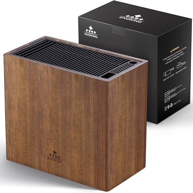 ENOKING XXL Acacia Wood Knife Holder – Large Universal Knife Block with Blade-Protecting Slots, Holds 26+ Knives, Scissors, and Sharpening Rods, Space-Saving Kitchen Storage Organizer