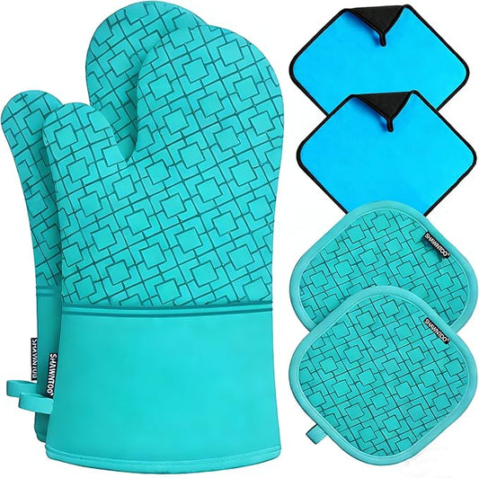 Oven Mitts and Pot Holders Sets 6pcs, Kitchen Oven Glove,High Heat Resistant 550 Degree Extra Long Oven Mitts and Potholders with Non-Slip Silicone Surface for Home Essentials (Grey) (Ice Blue)