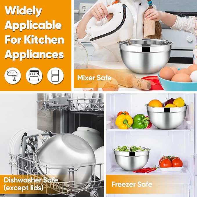 TeamFar Mixing Bowl Set of 5, 4.5/3/1.5/1/0.7 QT, Stainless Steel Metal Nesting Salad Bowl with Lid Set, Ideal for Mixing Serving, Non-Toxic & Sturdy, Airtight Lid & Easy Clean, Black