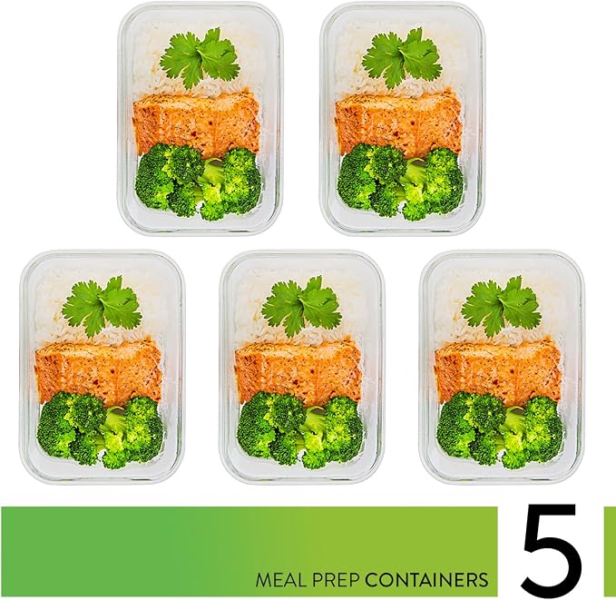 Prep Naturals 5 Pack 36oz Glass Meal Prep Containers - 1 Compartment | Square Borosilicate Glass Meal Prep Containers - Airtight Leak-Resistant Lids, Microwave, Oven & Freezer Safe (5-Pack, 36 oz)