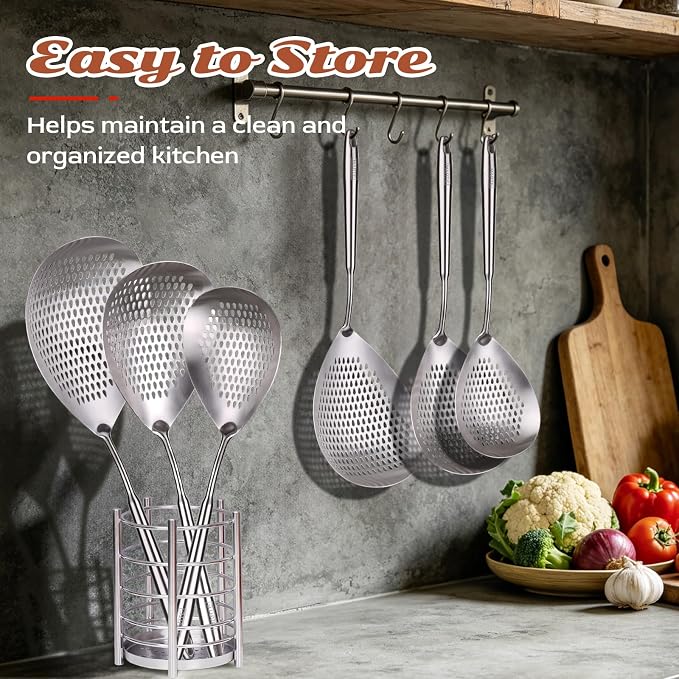MARTE Skimmer Slotted Spoon Set of 3-304 Stainless Steel Spider Strainer Utensils Ladle Spoon with Handle for Cooking and Frying - Kitchen Pasta Strainer Colander - 14.8In,16.5In,17In