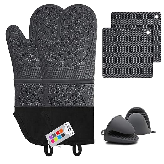 Silicone Oven Mitts and Pot Holders Sets, MTZRFLL Extra Long Heat Resistant Oven Gloves with Hot Pads and Mini Oven Mits Set for Kitchen Cooking Baking, Soft Quilted Lining, Pack of 6 (Gray)