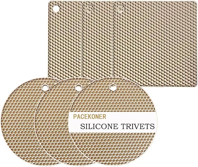 6-Pack Silicone Trivet Mats, Heat Resistant Hot Pads, Dishwasher Safe Kitchen Mats, BPA-Free Pot Holders for Table, Countertop, Stove, Honeycomb Design (Beige, 7” Square/Round)