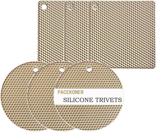 6-Pack Silicone Trivet Mats, Heat Resistant Hot Pads, Dishwasher Safe Kitchen Mats, BPA-Free Pot Holders for Table, Countertop, Stove, Honeycomb Design (Beige, 7” Square/Round)