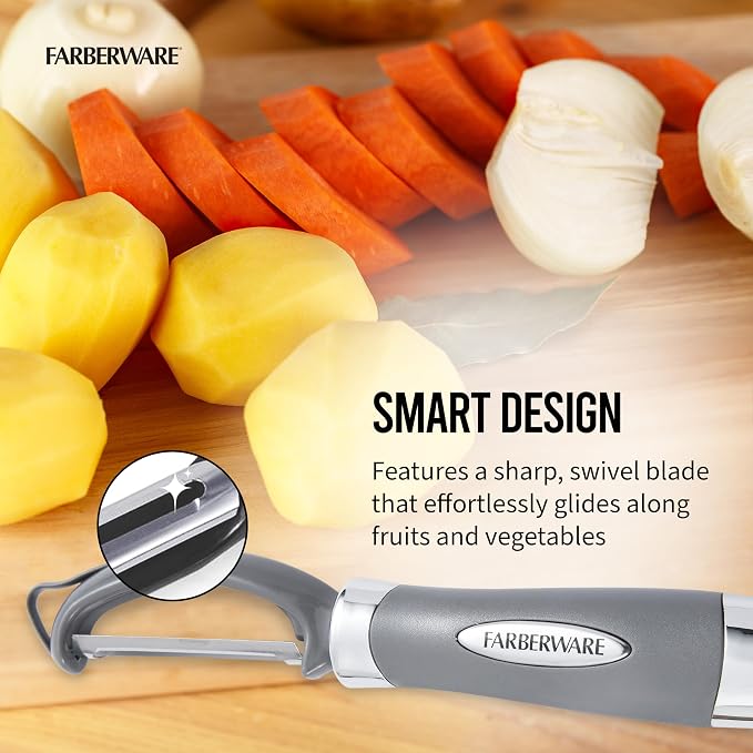 Farberware Professional Euro Vegetable Peeler with Ergonomic Handle, Razor-Sharp Stainless Steel Swivel Blade for Fruits and Vegetables, Dishwasher Safe, Jewel Grey