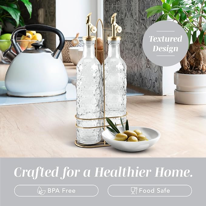 COOK WITH COLOR Glass Olive Oil Bottle Dispenser - 2 Pack- 17oz Oil and Vinegar Cruet - Olive Oil Carafe Decanter for Kitchen, Floral, Clear