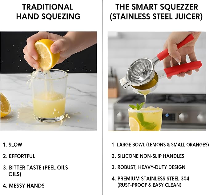 Stainless Steel Lemon Squeezer Citrus Juicer – Large Bowl, Heavy-Gauge Steel, Long Textured Non-Slip Handles – Large Size, Easy to Clean, Maximum Juice Extraction for Kitchen Use