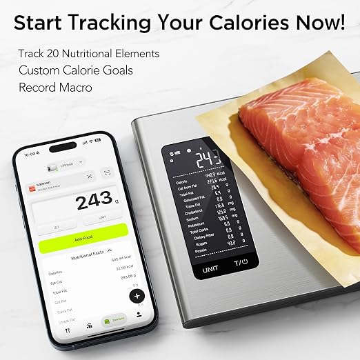 Ultrean Smart Food Kitchen Scale with Nutritional Calculator, APP for Calorie & Macro Tracking, AI Powered, Goal Progress, Digital Calorie Scale for Weight Loss, Stainless Steel, 22lb