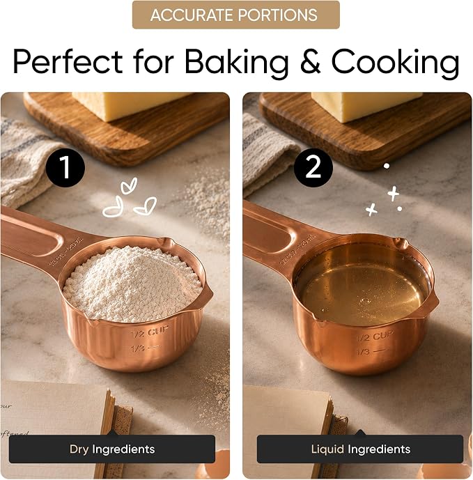 Color Up Measuring Cup Set, 8 Piece – Includes 2 Cup, Copper Finish, Stainless Steel, Accurate for Wet & Dry Ingredients, Embossed Markings, Easy-Pour Spouts, Dishwasher-Safe, Kitchen Essential