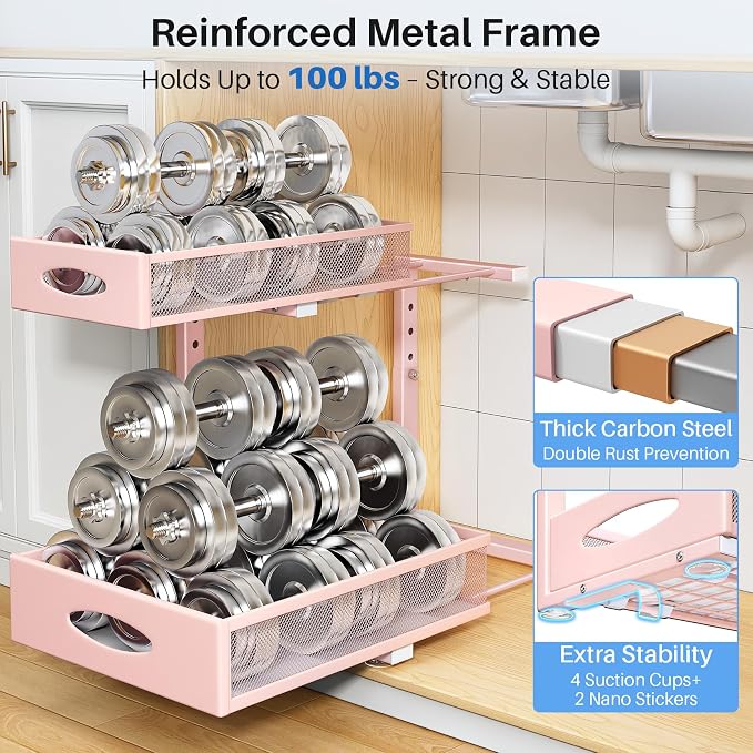 Under Sink Organizer, 2 Tier Pull Out Under Cabinet Organizer Shelf with Pad for Framed Cabinets, Metal Slide Out Under Sink Storage, Mesh Sliding Drawers for Kitchen Bathroom Laundry(Pink, 1 Pack)