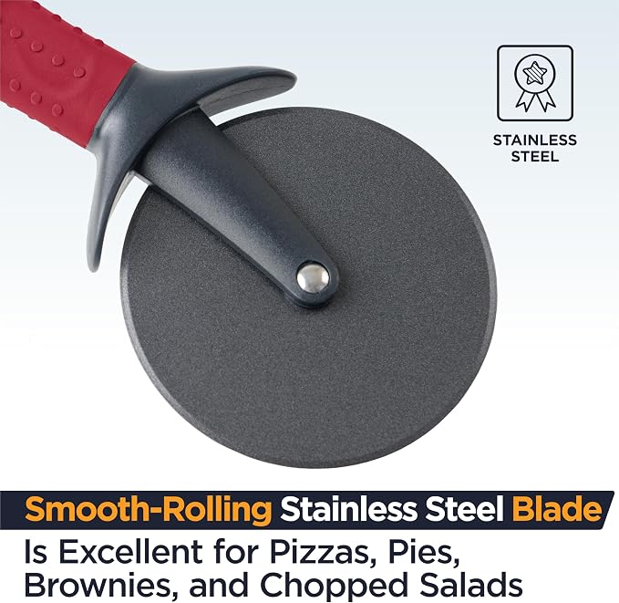Deiss Lux Heavy Duty Pizza Cutter With Wheel Slicer- Stainless Steel Sharp Smooth Pizza Cutter Wheel With Easy Grip Non-Slip Handle, Dishwasher Safe (RED)