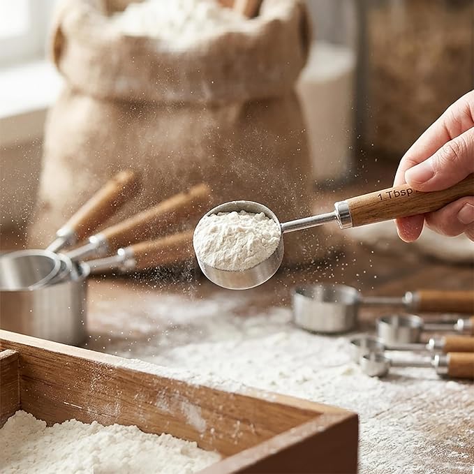 Measuring Cups and Spoons Set, Stainless Steel Metal measuring Cups with Wooden Handles, Great for Dry and Liquid Ingredients, Engraved Metric Markings, Nesting Design for Baking