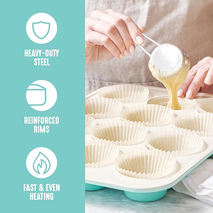 GreenLife 12 Cup Ceramic Nonstick Muffin Pan, Turquoise | 11.4" x 1.9" x 15.9", PFAS-Free Nonstick, Cupcake Tin, Easy Release, Even Heating, Wipe Clean, Heavy Duty, Warp Resistant