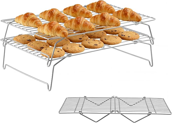 Herogo 15" x 10" Cooling Rack, 3-Tier Stainless Steel Baking Rack for Cookies, Cupcakes, and Pastries, Collapsible Space-Saving Design, Dishwasher Safe, Ideal for Baking, Roasting, and Drying