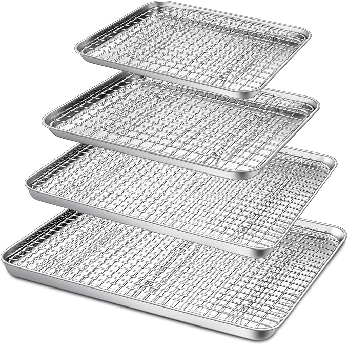 P&P CHEF 16 + 12.5 + 10.4 + 9 Inch Baking Sheet & Rack, Pan and Grid Rack | 8 Pcs (4x Cookie Sheets + 4x Cooling Racks), 4 Sizes, Stainless Steel Oven Pans Trays with Wire Racks, Oven & Dishwasher Safe