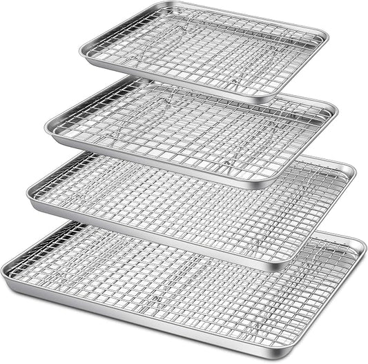 P&P CHEF 16 + 12.5 + 10.4 + 9 Inch Baking Sheet & Rack, Pan and Grid Rack | 8 Pcs (4x Cookie Sheets + 4x Cooling Racks), 4 Sizes, Stainless Steel Oven Pans Trays with Wire Racks, Oven & Dishwasher Safe