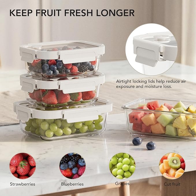 4 Pack Glass Produce Storage Containers for Fridge with Glass Lids | 82oz Borosilicate Produce & Meal Prep Containers, Airtight Leakproof BPA Free Fridge Organizer, Microwave Dishwasher Safe