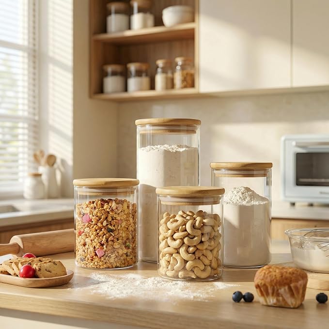 Large Glass Storage Containers with Bamboo Lids for Flour & Sugar, 2 Pack | Airtight Pantry Jar for Flour, Sugar & Rice, Durable Borosilicate Glass Canisters Keep Food Dry & Fresh, Easy to Fill & Clean