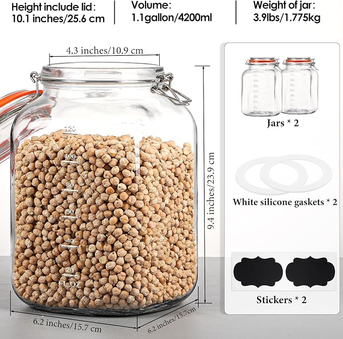 Qianfenie 1.1 Gallon Wide Mouth Airtight Glass Storage Containers with Lids | 100% Airtight Lid, Flour Storage, Kombucha, Bulk Pantry Organization, Measurement Marks, Pickling, Fermenting, Snacks