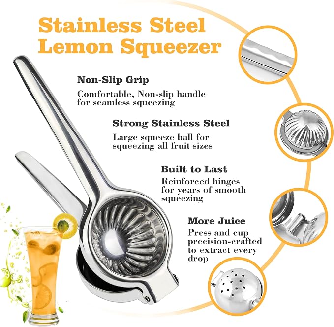 Lydia's Deal Lemon Juicer Squeezer Stainless Steel Manual Citrus Juicer Hand Press Juice Extractor Non-Slip Grip Design Medium Lemon Juicer for Juicing Lemon, Limes, Oranges, Pomegranate