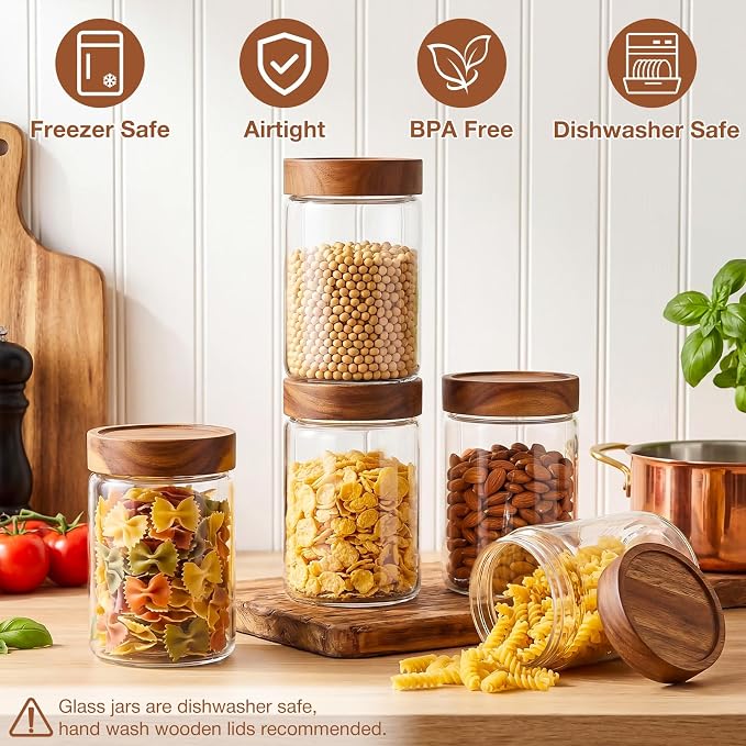 CONNOO 6Pcs- 28 oz Glass Jars with Wooden Lids | Pantry Containers with Wide Mouth Design, Store Rolled Oats, Coffee & Dry Foods, Includes 120 Waterproof Labels