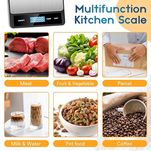 Zivacate Digital Kitchen Scales - Food Scale 5kg/11lb, 1g/0.05oz Precision, 6 Units with Tare Function, Stainless Steel, LCD Display, for Office, School, Home, Baking, Cooking (Battery Not Included)