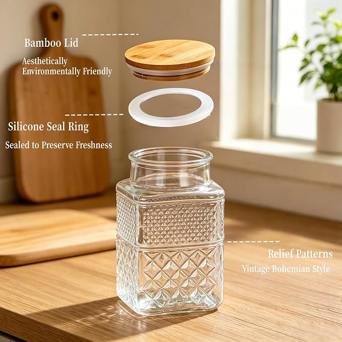 Large Glass Storage Jar, 60 FL OZ Glass Food Storage Containers with Bamboo Lid, Kitchen Laundry Room Organization Jar for Cookies Coffee Flour Sugar Laundry Pods Detergent Airtight Glass Jars | Kitchen Pantry Thick Glass Container for Flour Sugar Cook...