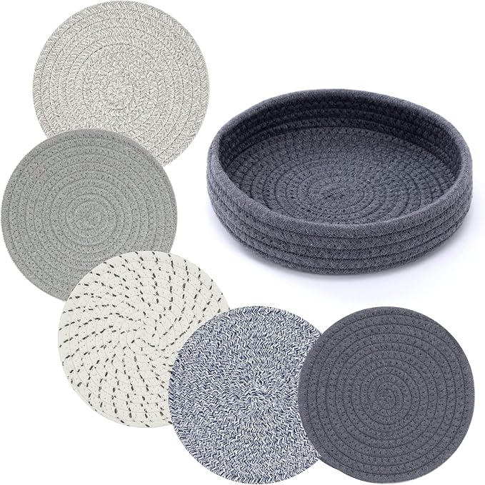 Coga Trivets for Hot Dishes, 5 Pack 7 Inch Cotton Hot Pads for Kitchen with Storage Basket, Round Pot Holders for Kitchen, Heat Resistant Mats for Countertop, Pots and Pans, Farmhouse Decor, Mix Grey