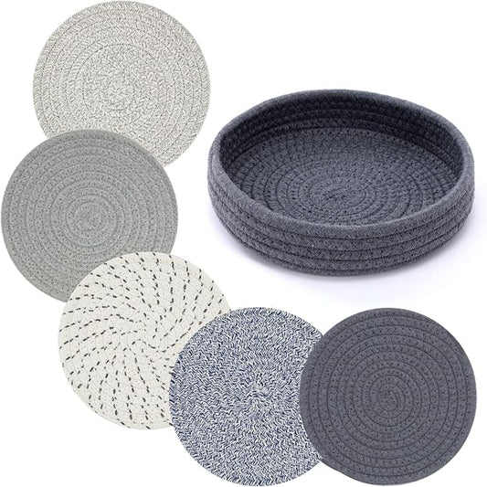 Coga Trivets for Hot Dishes, 5 Pack 7 Inch Cotton Hot Pads for Kitchen with Storage Basket, Round Pot Holders for Kitchen, Heat Resistant Mats for Countertop, Pots and Pans, Farmhouse Decor, Mix Grey