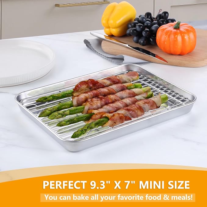 Homikit Mini Baking Sheet with Wire Rack for Toaster Oven (2 Pans+2 Racks) | 9x7 Inch Stainless Steel Baking Sheets with Cooling Racks Set, Small Cookie Pans Nonstick, Metal Bacon Tray, Dishwasher Safe
