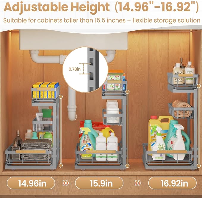 Under Sink Organizer and Storage for Bathroom and Kitchen - 2 Pack 3 Tier | Cabinet Pull Out Shelf Organizers - Slide Out Drawer Organization for Home Cabinets Shelves and Drawers