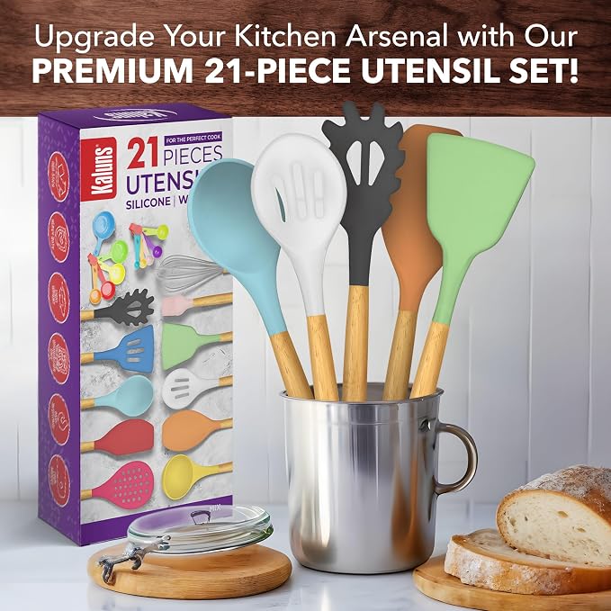 Kitchen Utensils Set, 21 Wood and Silicone Cooking Utensil Set, Non-Stick and Heat Resistant Kitchen Utensil Set, Kitchen Tools