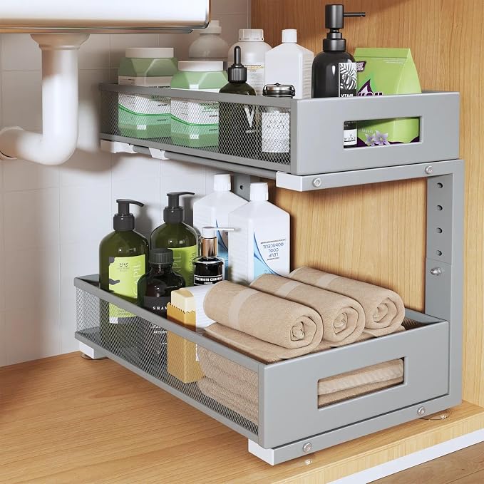 1 Pack 17IN Depth Under Sink Organizer, 2-Tier Pull Out Cabinet Organizer With Smooth Circular Rail, Large Capacity Metal Mesh Sliding Drawers For Bathroom& Kitchen Storage,Height Adjustable-Gun Gray