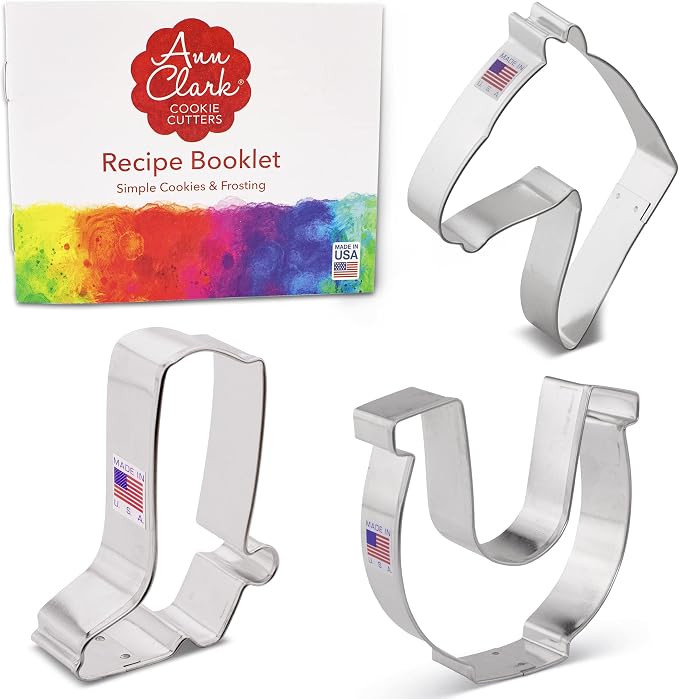 Ann Clark Western/Horse Cowboy Cookie Cutters 3-Pc. Set (Horse Head, Cowboy Boot, and Horseshoe) Made in USA