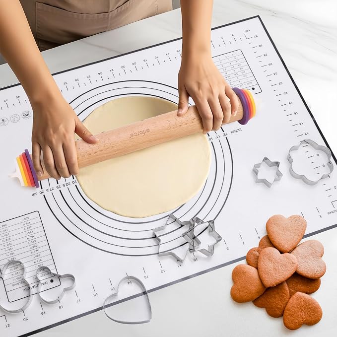 13.6" Adjustable Wooden Rolling Pin with 4 Thickness Rings & Cookie Molds | Olforce 2-10mm / 1/16"-3/8" Dough Thickness Control Roller for Pizza, Cookie, Bread & Pie Crusts