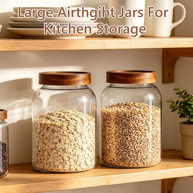 KEYWING 100oz Glass Food Storage Jars with Acacia Lids Flour Container 2Pcs | Airtight Wide Mouth Pantry Storage Containers Canister Set for Sugar, Rice, Eggs, Cereal, Cookies, 100fl.oz with 126 Labels