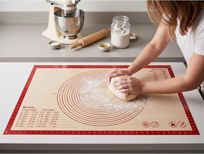 Silicone Pastry Mat with Measurements, 36 x 24 Inch Extra Thick Non-Slip Nonstick XL Baking Mat for Dough Rolling, Kneading, Fondant and Pie, Red