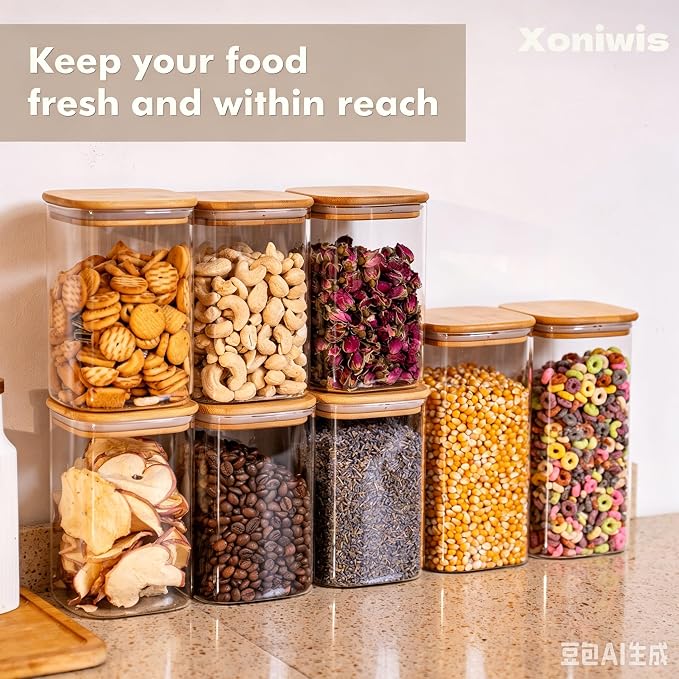 3-Pack 1.6Qt Square Glass Storage Jars with Bamboo Lids | Minimalist Kitchen Organizer,Pantry Storage Container,Food Storage Container,Scandinavian Style Storage,Nordic Style Storage
