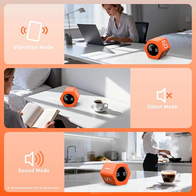 Productivity Timer 1, 5, 10, 30, 60 Minutes Preset, Desk Cube Timer with Gravity Sensor/Mute/Vibration for ADHD, Work, Study, Kitchen, Back to School (Luxe Orange)