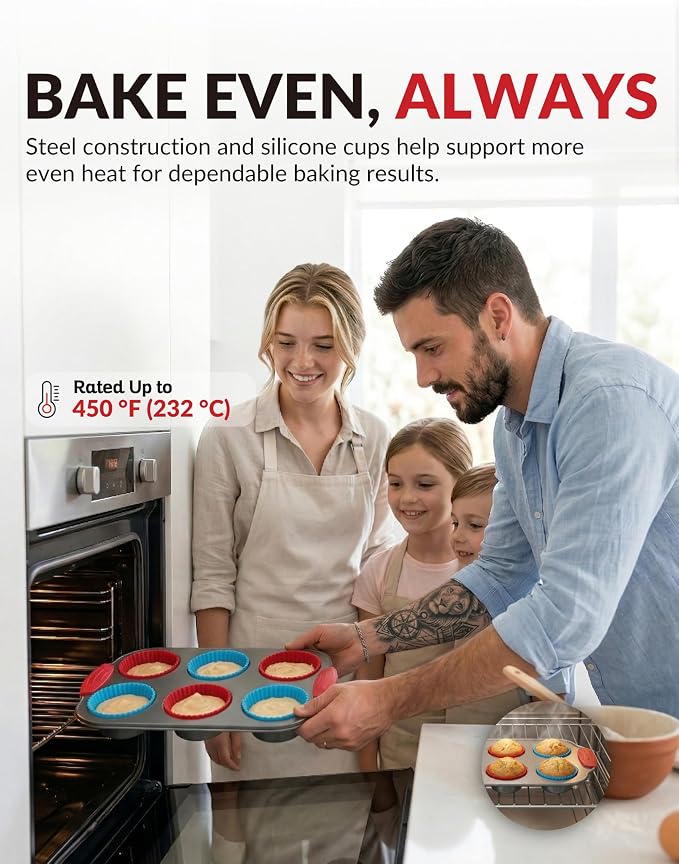 Non-Stick Steel 6 Cup Muffin Pan with Silicone Handles and Reusable Liners - Perfect for Baking Large Muffins and Cupcakes