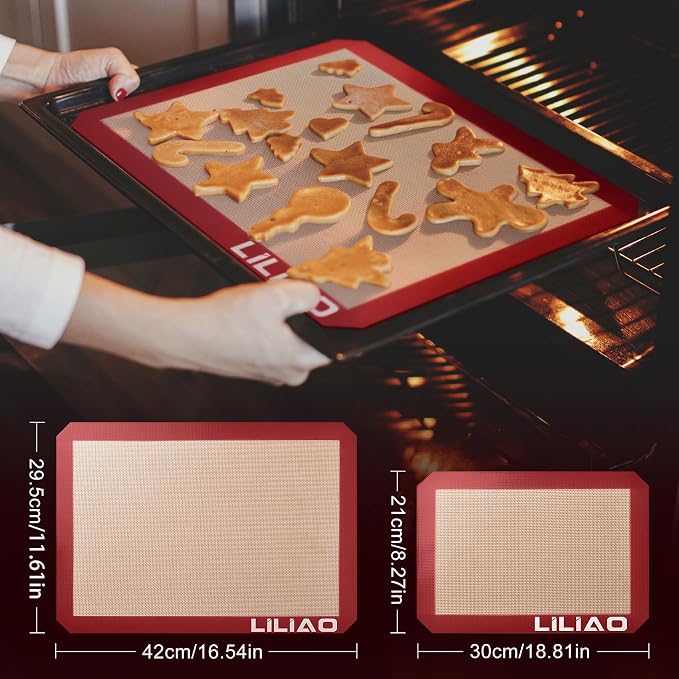 LILIAO Silicone Baking Mat, 3-Pack Non-Stick Reusable Baking Mat, Oven Baking Sheet for Making Cookies, Macaroons, Bread and Pastry (Red)