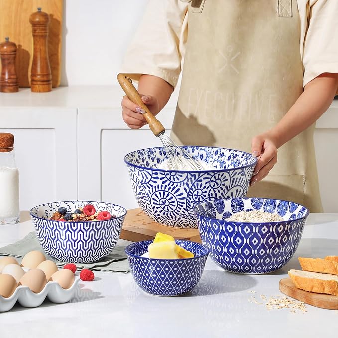 Selamica Ceramic Mixing Bowls, Nesting Bowls Set of 4 for Mixing, Baking, Prepping, Cooking, Salad, 20/36/60/123 oz, Microwave & Dishwasher Safe, Vintage Blue