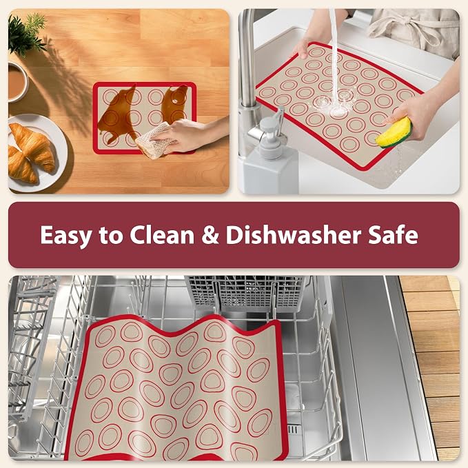 Macaron Silicone Baking Mats, Nonstick & Reusable, 3 PCS | 2 Half Sheets and 1 Quarter Sheet Mat, Easy to Clean, Silicone Macaroon Mat for Cookie, Red
