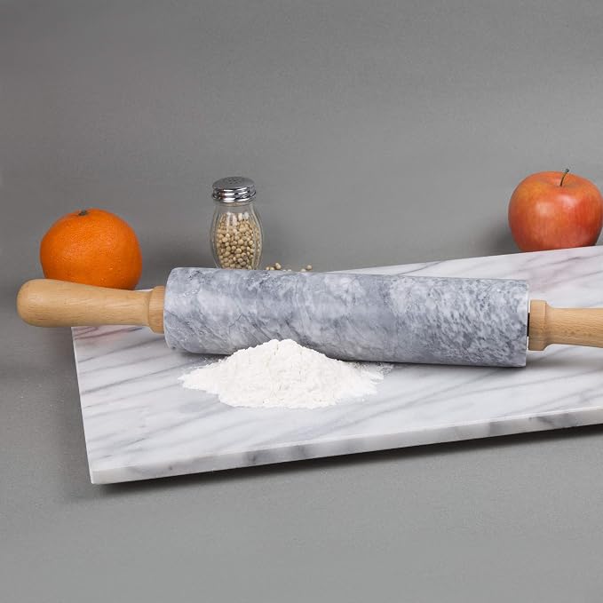 Creative Home Natural Marble Rolling Pin with Wooden Handles and Cradle, 18-Inch rolling pins for baking, Heavy Cool Surface, Dough Roller for Pastry, Pie, Pizza, Cookies, Off white