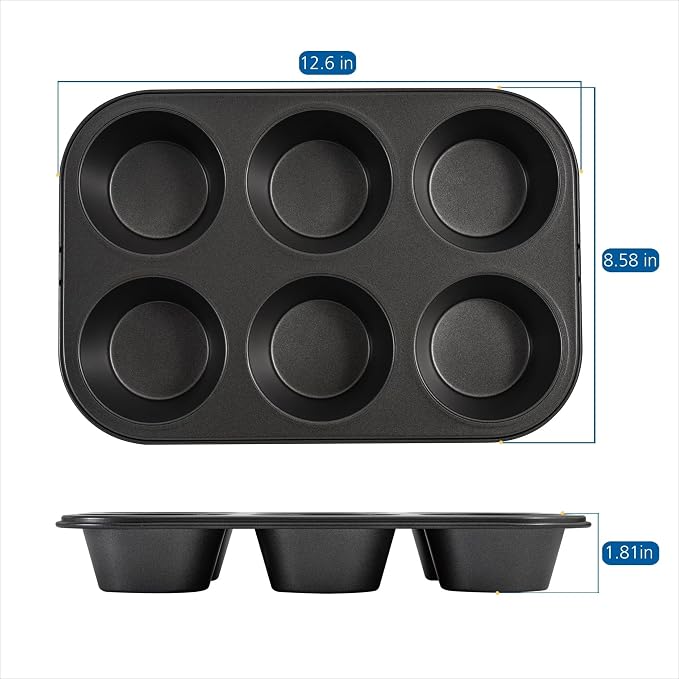 6 Cup Jumbo Muffin Pan, Non-Stick Carbon Steel Bakeware, Gray, 12.6x8.58x1.81 Inch, Even Heating, Dishwasher Safe