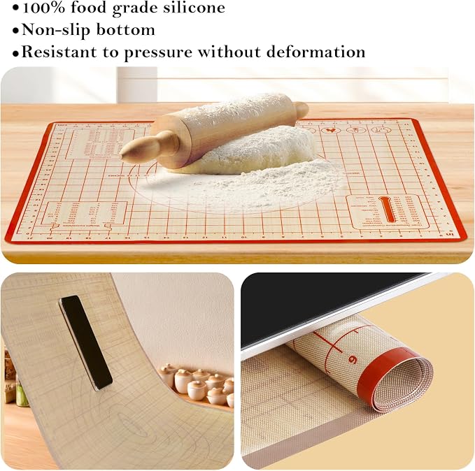 Silicone Baking Mat Set, 28x20 & 16x12 Inch, Red (2 Pack) | Food-grade silicone; non-stick, non-slip; dough kneading board; measurement markings